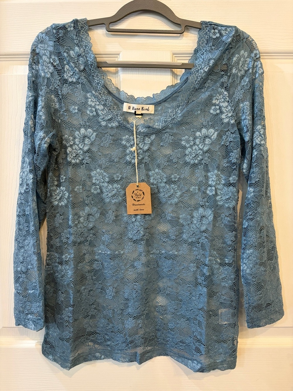 A Rare Bird Vintage Sheer STRETCHY Lace Blue Long-Sleeve Top NEW FALL WINTER